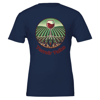 Elegant "Terroir Talks" wine lover T-shirt celebrating the influence of terroir on wine, perfect for vineyard enthusiasts.