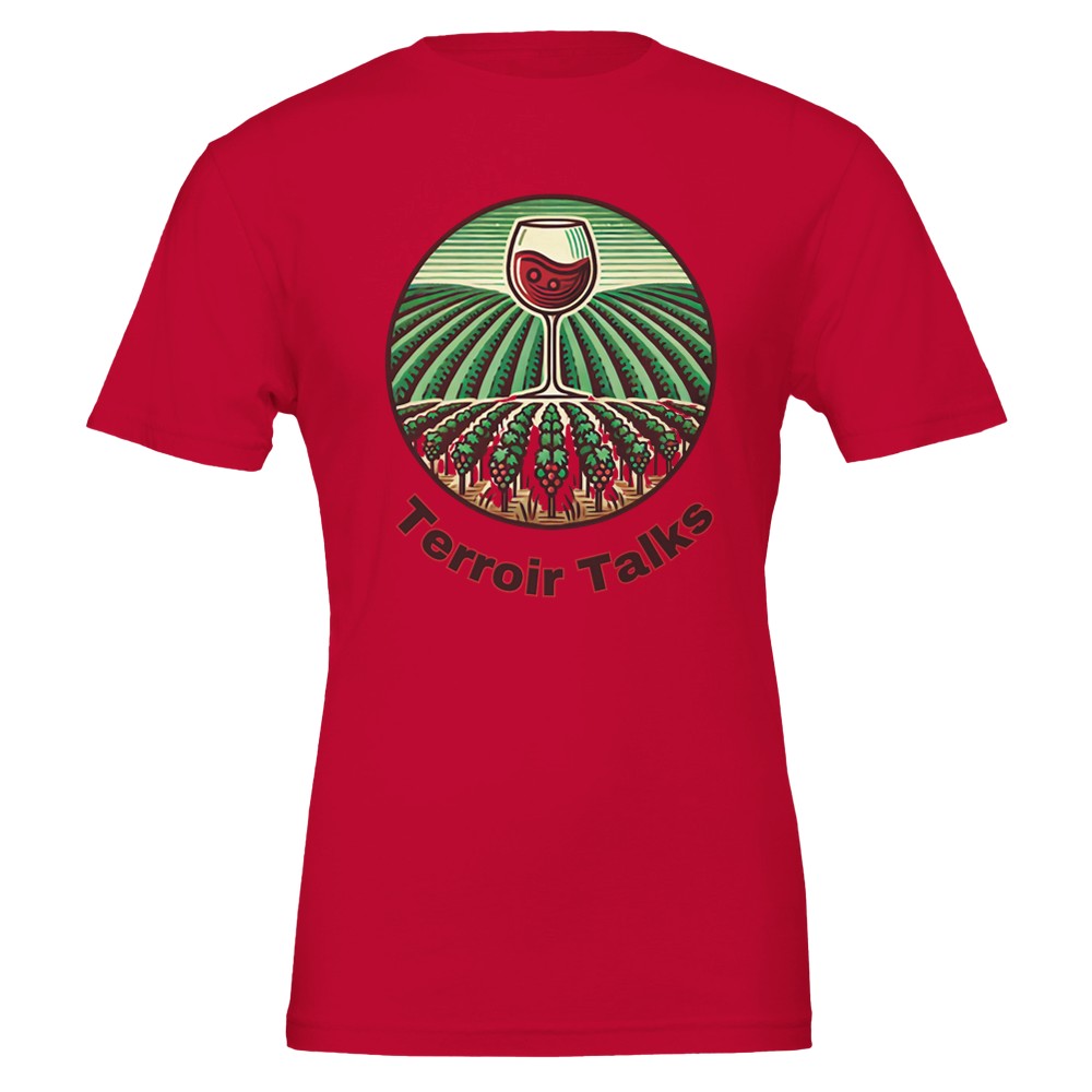 Elegant "Terroir Talks" wine lover T-shirt celebrating the influence of terroir on wine, perfect for vineyard enthusiasts.