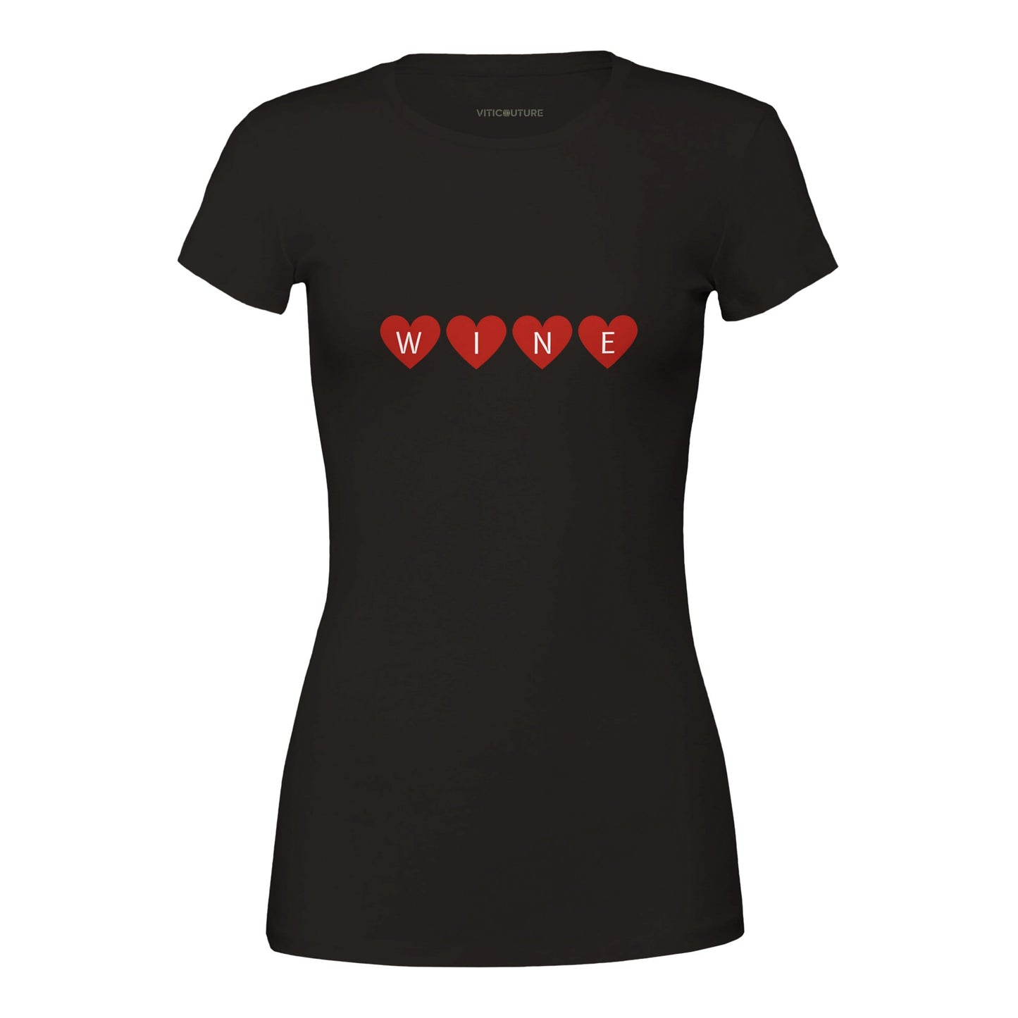 Black t-shirt design featuring the word "WINE" spelled out with bold red hearts, combining simplicity and charm for wine lovers.