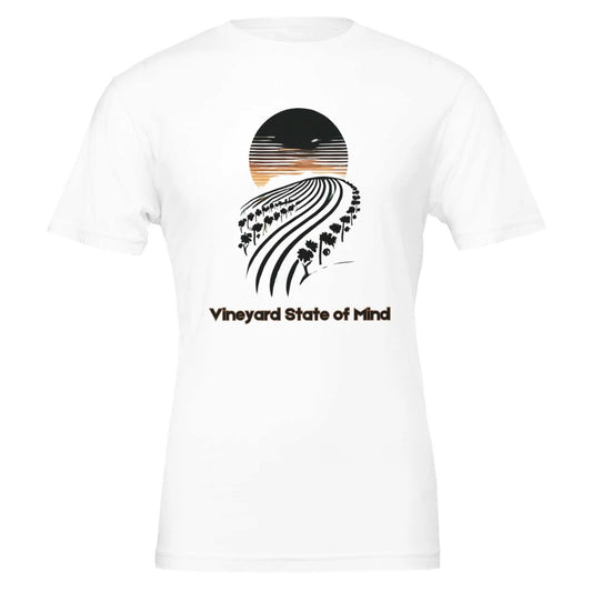 White T-shirt featuring a black silhouette of rolling vineyard rows under a sunset, with the phrase "Vineyard State of Mind", symbolizing a love for wine and vineyard life.