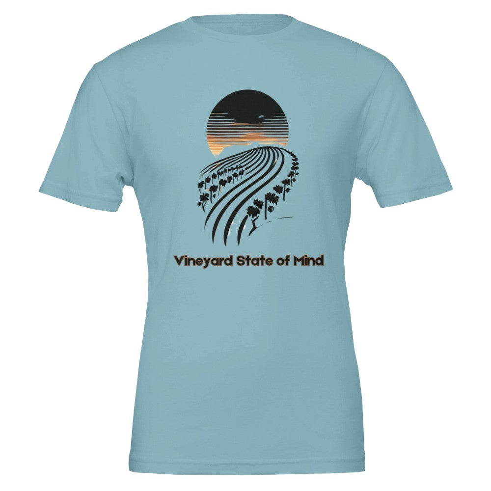 T-shirt featuring a black silhouette of rolling vineyard rows under a sunset, with the phrase "Vineyard State of Mind", symbolizing a love for wine and vineyard life.