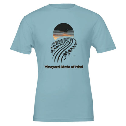 T-shirt featuring a black silhouette of rolling vineyard rows under a sunset, with the phrase "Vineyard State of Mind", symbolizing a love for wine and vineyard life.