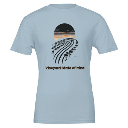 Light Blue T-shirt featuring a black silhouette of rolling vineyard rows under a sunset, with the phrase "Vineyard State of Mind", symbolizing a love for wine and vineyard life.