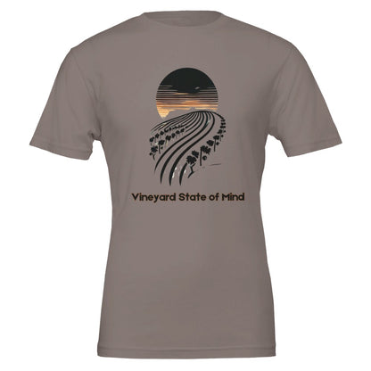 T-shirt featuring a black silhouette of rolling vineyard rows under a sunset, with the phrase "Vineyard State of Mind", symbolizing a love for wine and vineyard life.