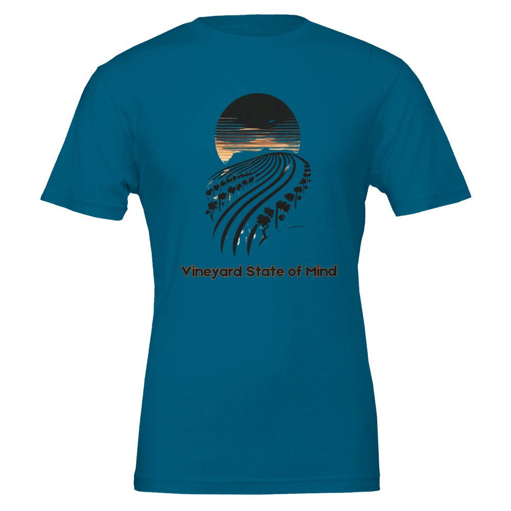 Teal T-shirt featuring a black silhouette of rolling vineyard rows under a sunset, with the phrase "Vineyard State of Mind", symbolizing a love for wine and vineyard life.