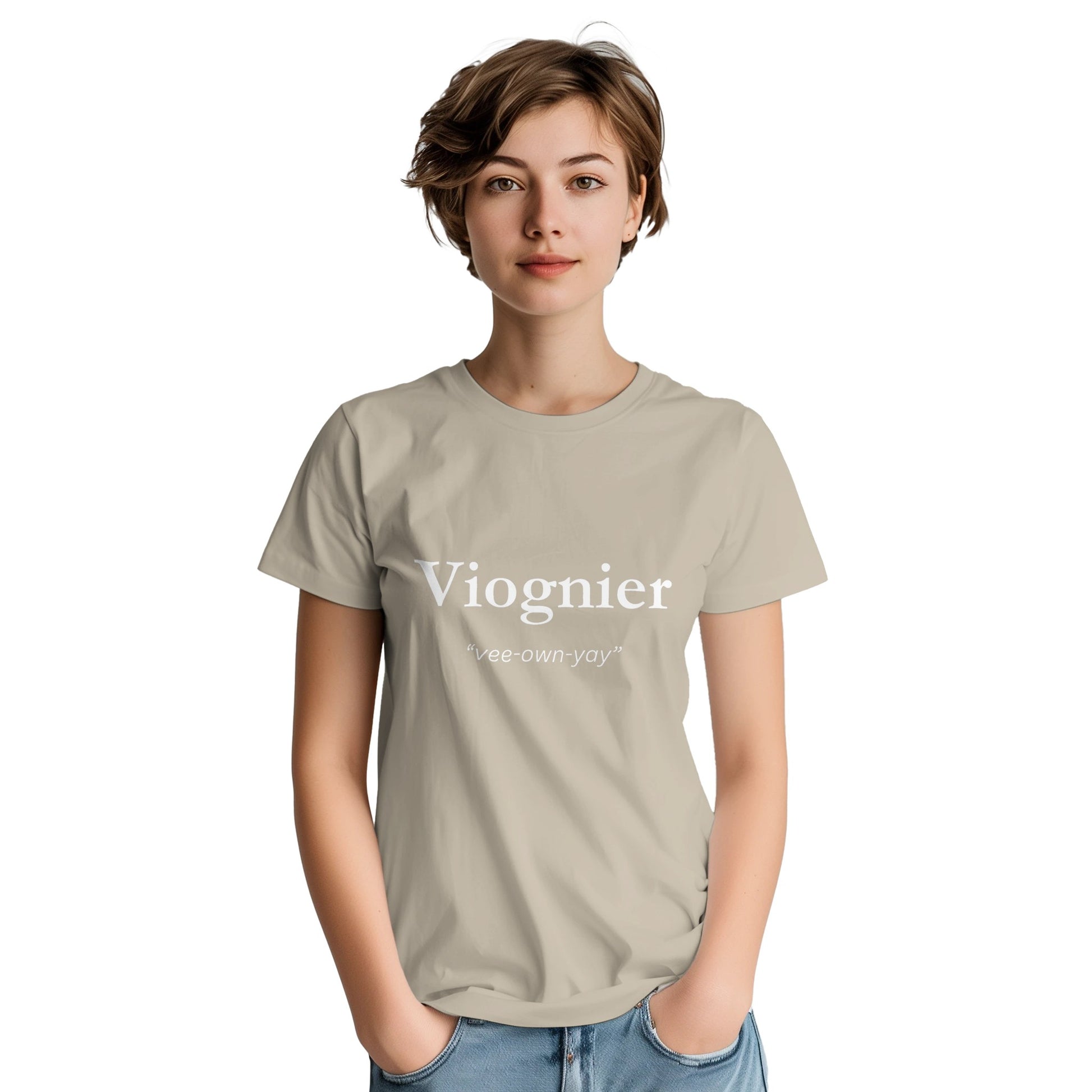 T-shirt design featuring the word 'Viognier' in bold white font with its phonetic pronunciation 'vee-ohn-yay' elegantly displayed beneath.