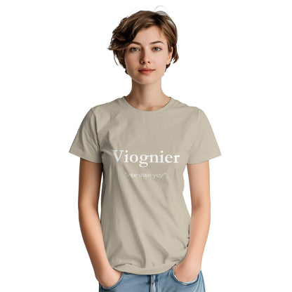 T-shirt design featuring the word 'Viognier' in bold white font with its phonetic pronunciation 'vee-ohn-yay' elegantly displayed beneath.