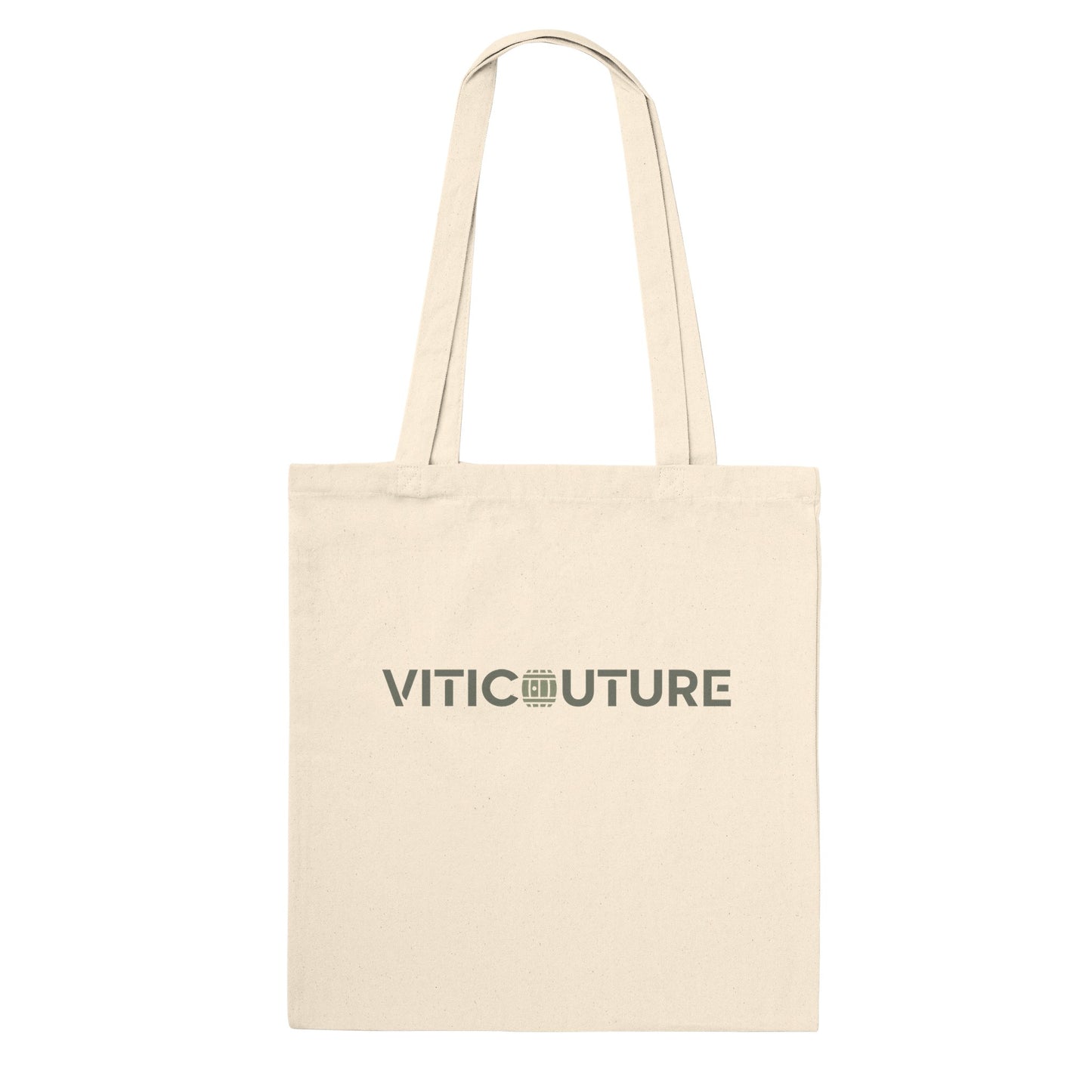 A cream-colored tote bag with the Viticouture logo in bold green lettering across the front. The bag has two long straps and a simple, minimalist design.