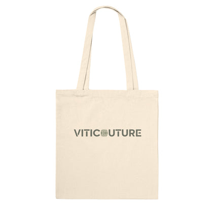 A cream-colored tote bag with the Viticouture logo in bold green lettering across the front. The bag has two long straps and a simple, minimalist design.