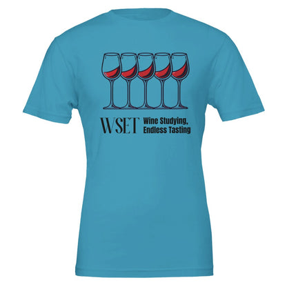 "WSET – Wine Studying, Endless Tasting" T-shirt, perfect for wine students and enthusiasts who love learning and sipping. 