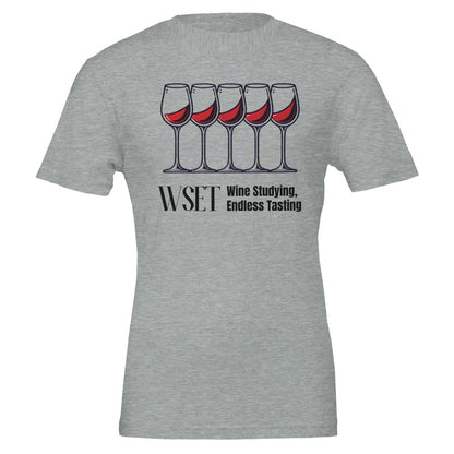 "WSET – Wine Studying, Endless Tasting" T-shirt, perfect for wine students and enthusiasts who love learning and sipping. 