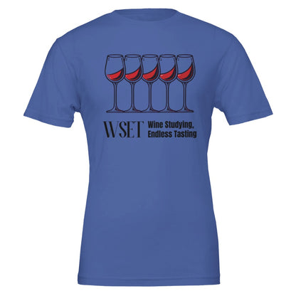 "WSET – Wine Studying, Endless Tasting" T-shirt, perfect for wine students and enthusiasts who love learning and sipping. 