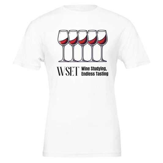 "WSET – Wine Studying, Endless Tasting" T-shirt, perfect for wine students and enthusiasts who love learning and sipping. 