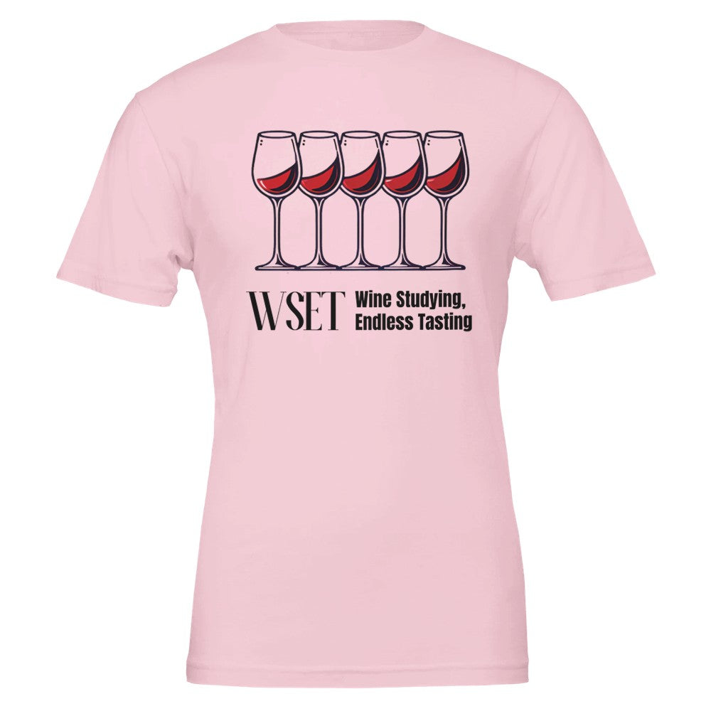 "WSET – Wine Studying, Endless Tasting" T-shirt, perfect for wine students and enthusiasts who love learning and sipping. 