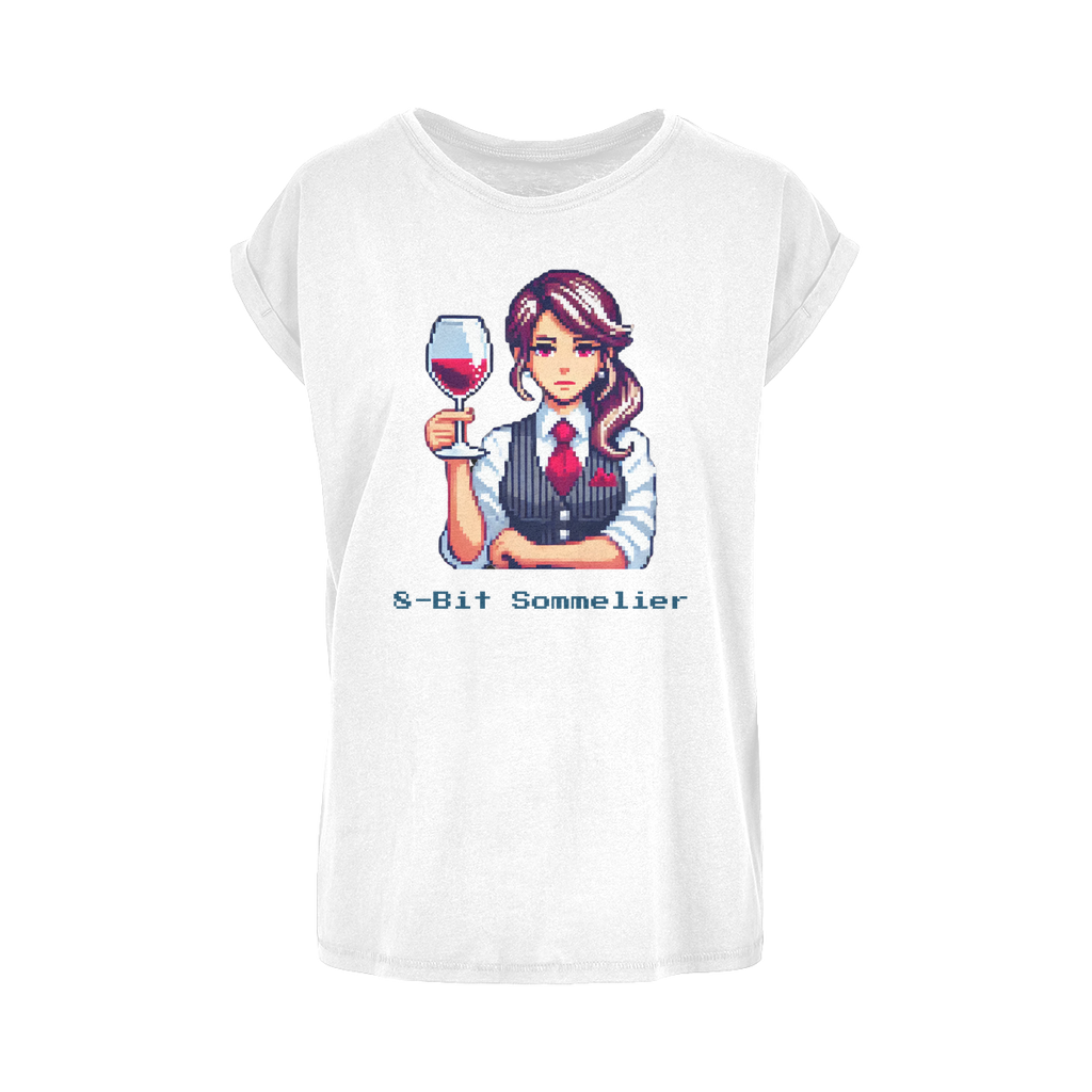 T-shirt featuring a pixel art sommelier holding a glass of red wine, with the text "8-Bit Sommelier" below. A stylish fusion of gaming and wine culture.