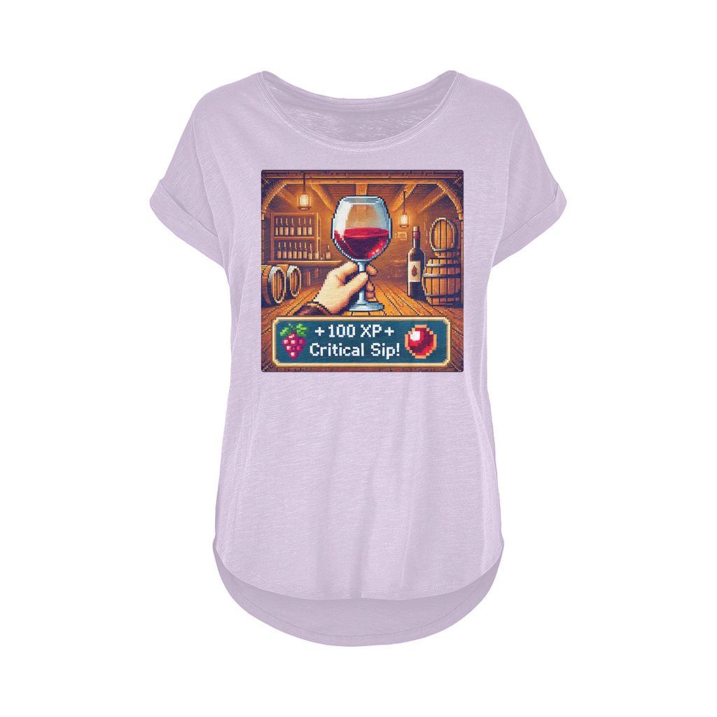 T-shirt featuring a pixel art wine glass in a rustic cellar with RPG-style text "+100 XP – Critical Sip!" A fun mix of gaming and wine culture.