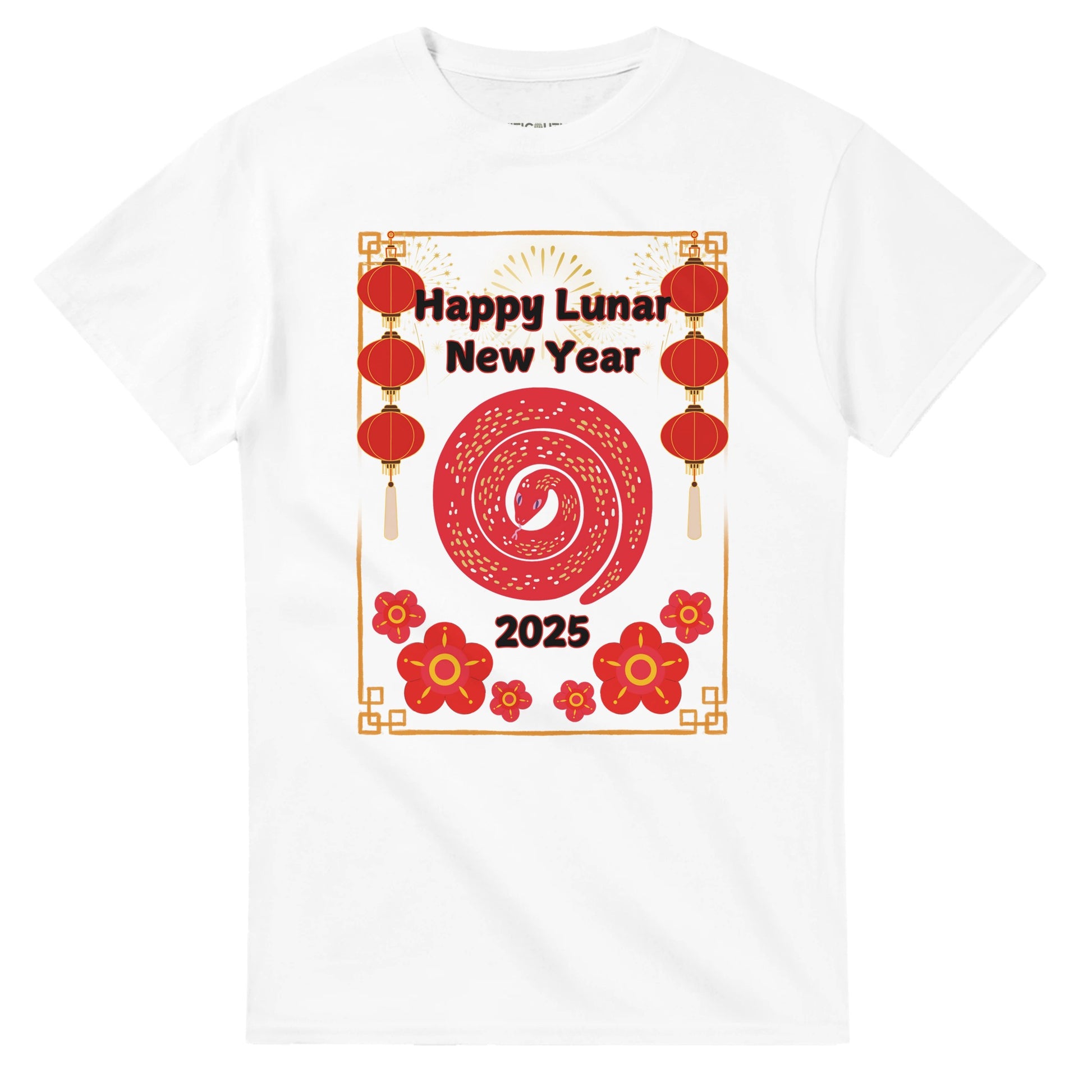 Unisex Lunar New Year 2025 T-Shirt featuring a vibrant red snake coiled in the center, surrounded by festive red lanterns, golden firework accents, and decorative red flowers. The text 'Happy Lunar New Year' is displayed boldly above, with '2025' at the bottom. A celebratory design symbolizing the Lunar New Year festivities, perfect for both men and women. White.