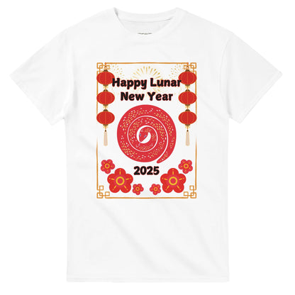 Unisex Lunar New Year 2025 T-Shirt featuring a vibrant red snake coiled in the center, surrounded by festive red lanterns, golden firework accents, and decorative red flowers. The text 'Happy Lunar New Year' is displayed boldly above, with '2025' at the bottom. A celebratory design symbolizing the Lunar New Year festivities, perfect for both men and women. White.