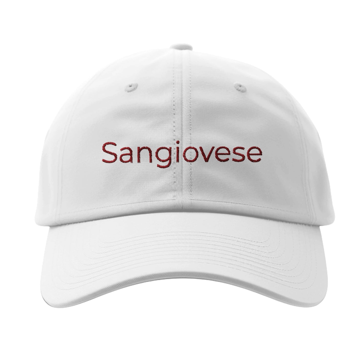 White cap with 'Sangiovese' elegantly embroidered on the front, perfect for wine enthusiasts and casual style.