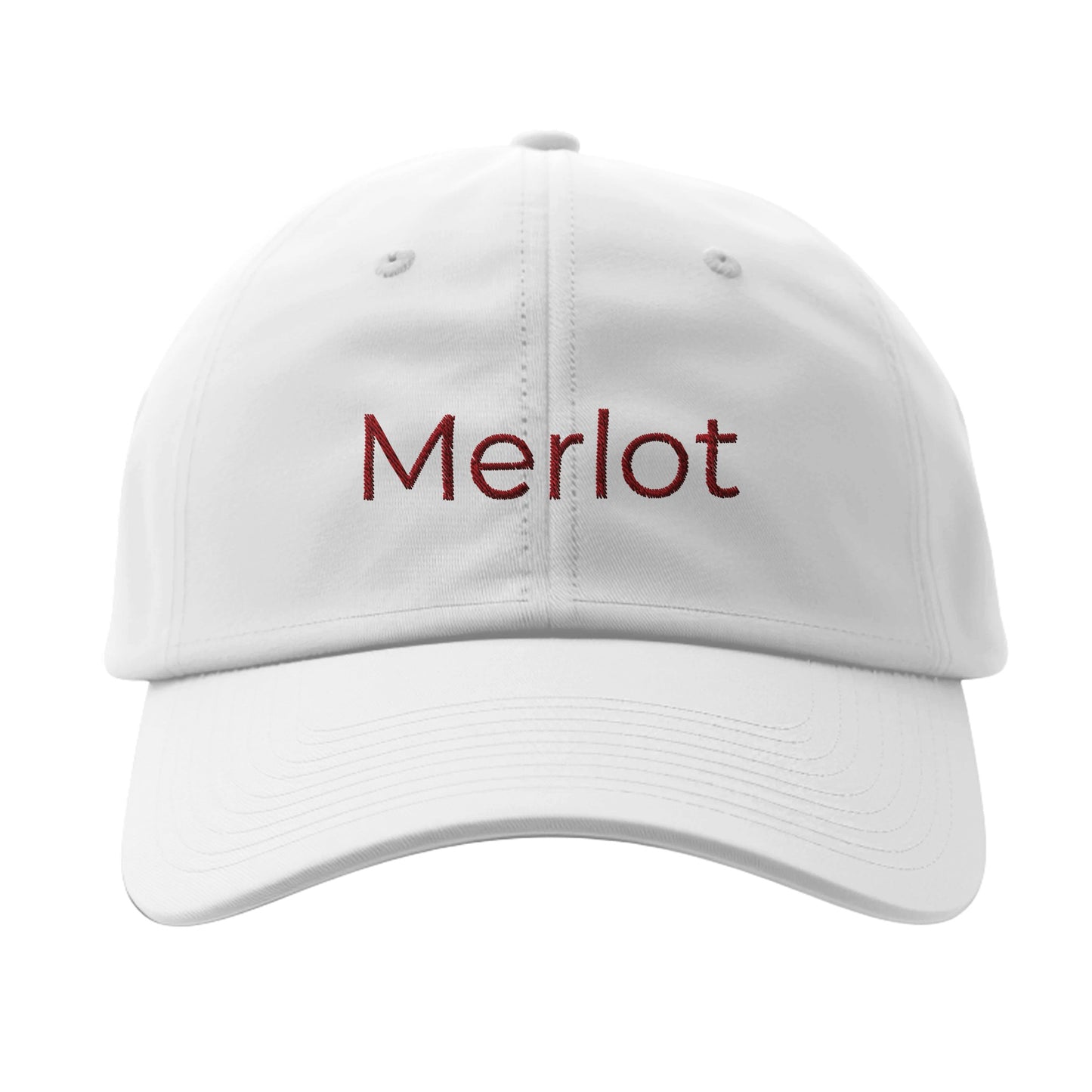 A stylish black cap featuring the word "Merlot" embroidered in elegant red lettering, perfect for wine enthusiasts.