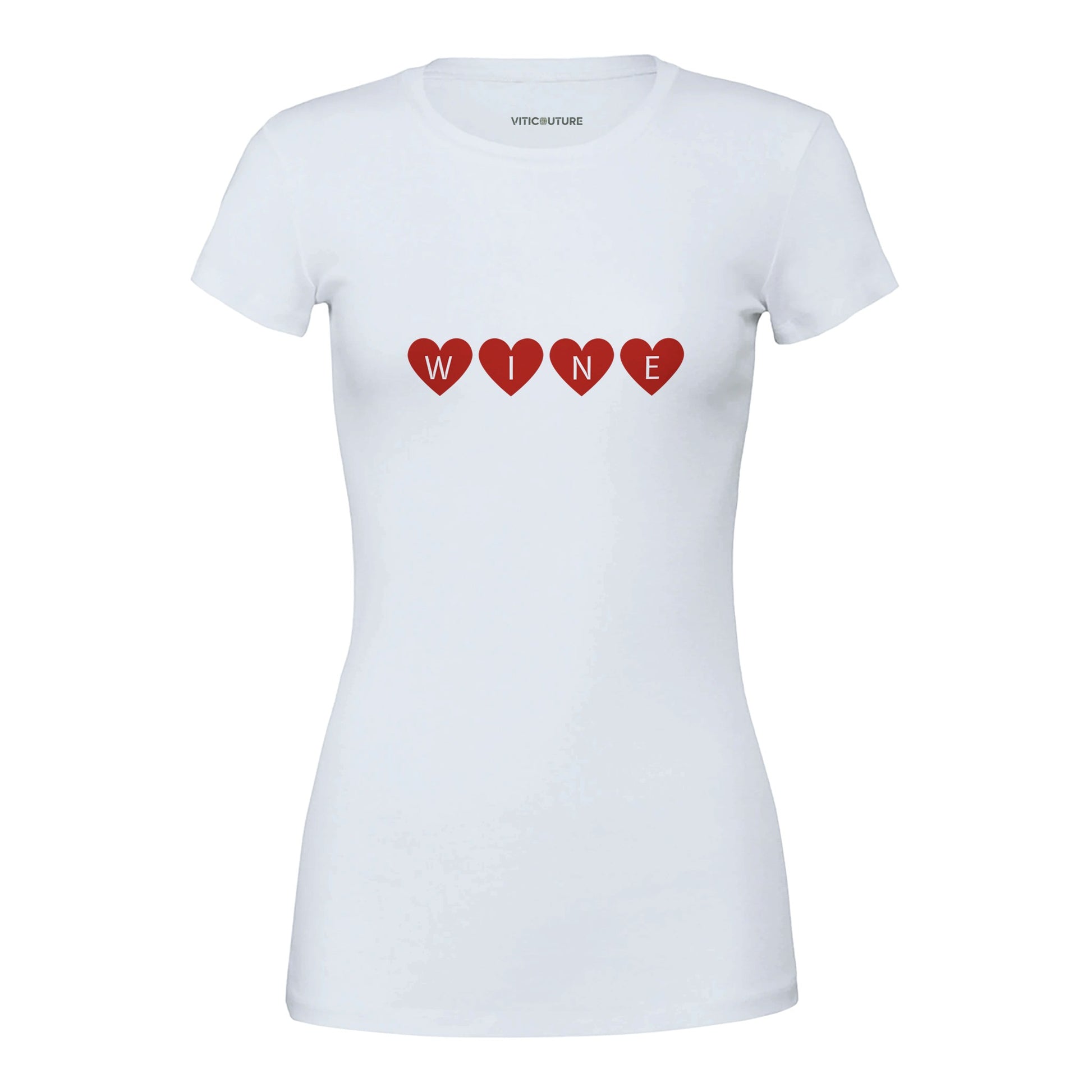 White t-shirt design featuring the word "WINE" spelled out with bold red hearts, combining simplicity and charm for wine lovers.