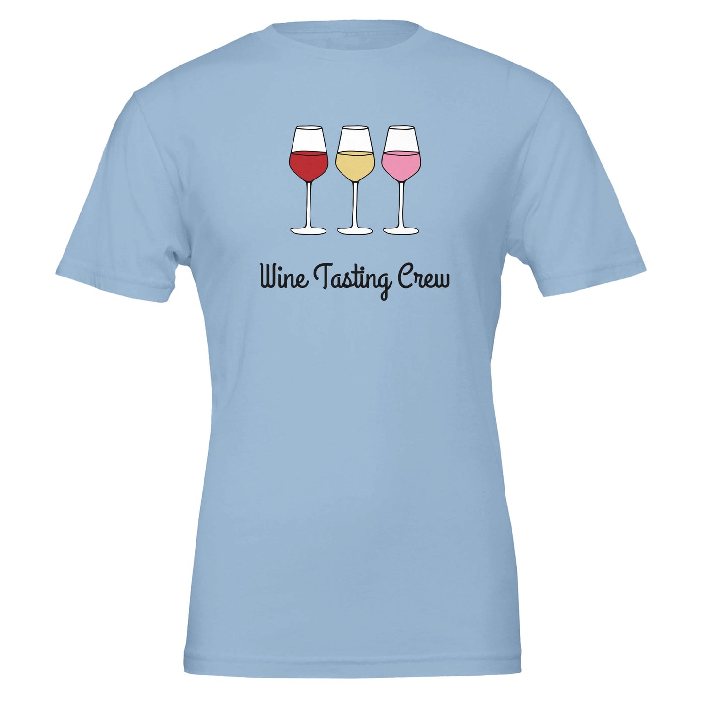 Blue T-shirt featuring four red wine glasses in a cartoon-style design with the phrase "Wine Tasting Crew" in elegant script.