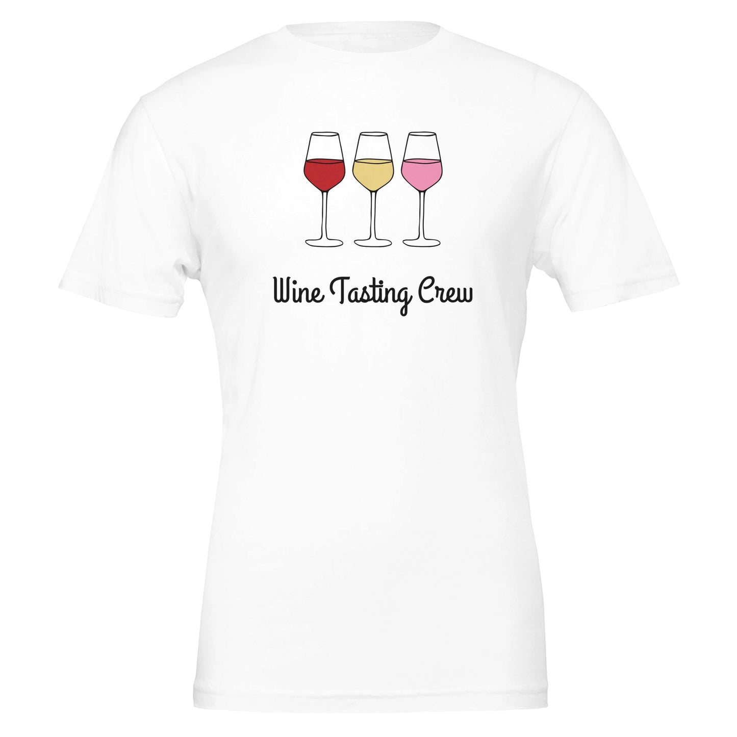 White T-shirt featuring wine glasses in a cartoon-style design with the phrase "Wine Tasting Crew" in elegant script.