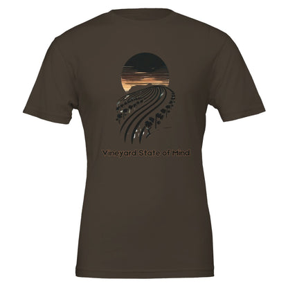 Brown T-shirt featuring a black silhouette of rolling vineyard rows under a sunset, with the phrase "Vineyard State of Mind", symbolizing a love for wine and vineyard life.