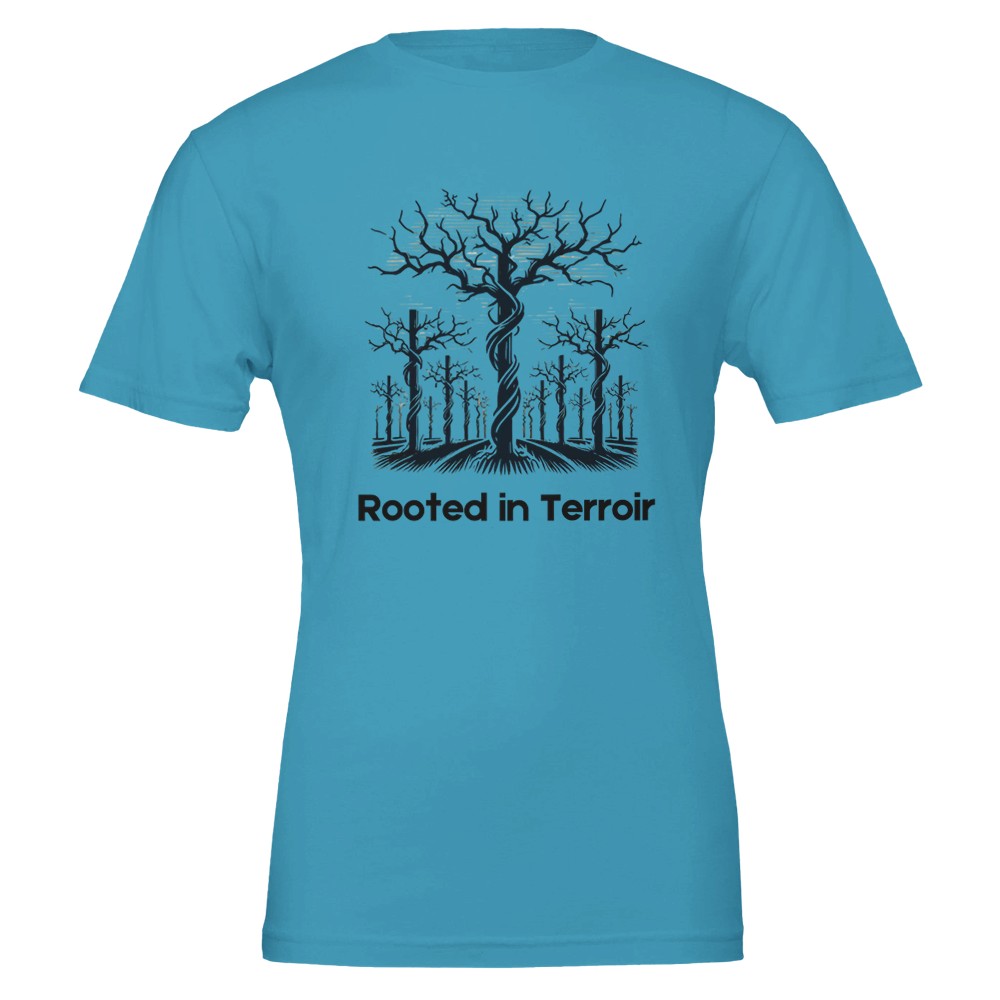 Teal T-shirt featuring a black silhouette of dormant grapevines with deep roots and the phrase "Rooted in Terroir", symbolizing the importance of soil and terroir in viticulture.