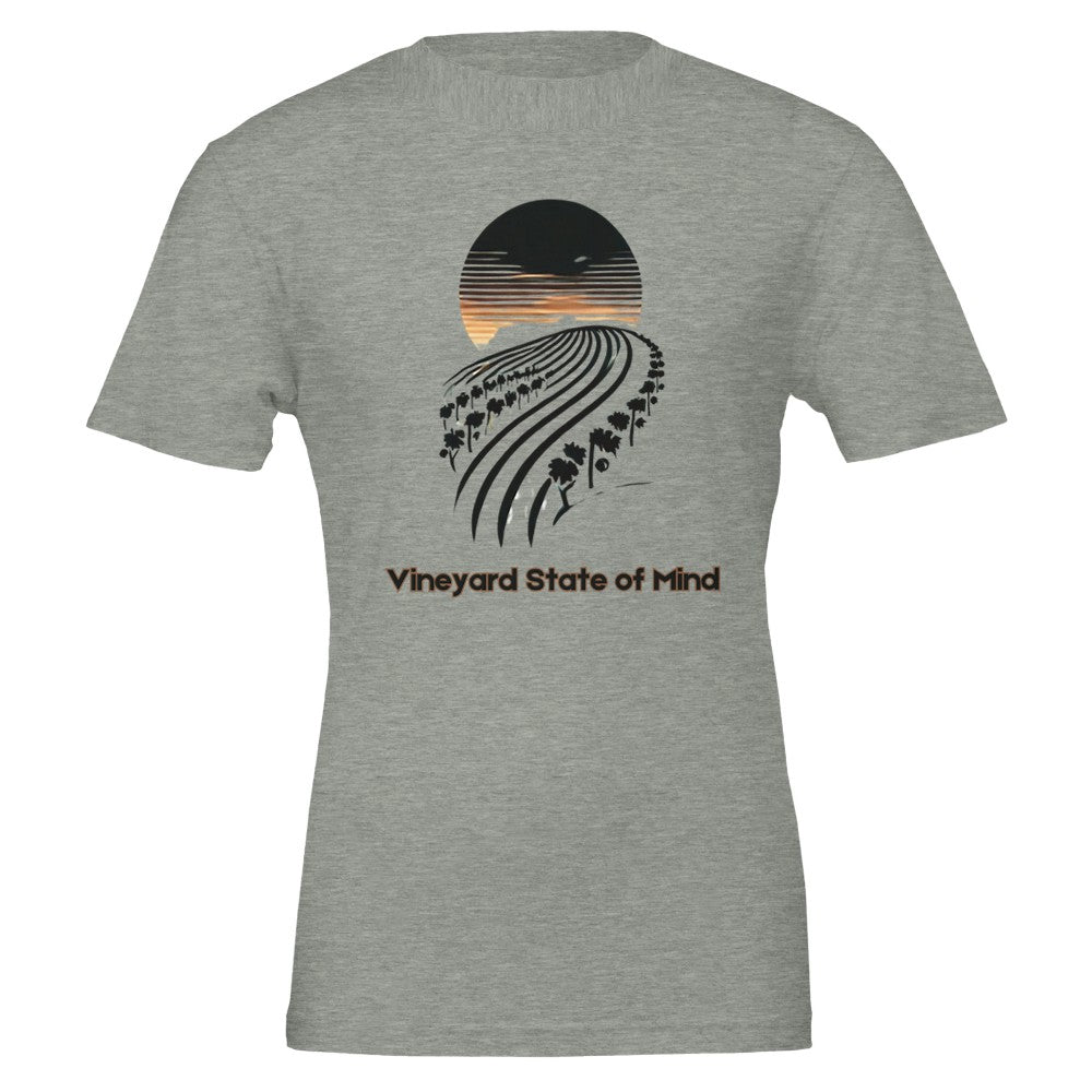 Gray T-shirt featuring a black silhouette of rolling vineyard rows under a sunset, with the phrase "Vineyard State of Mind", symbolizing a love for wine and vineyard life.