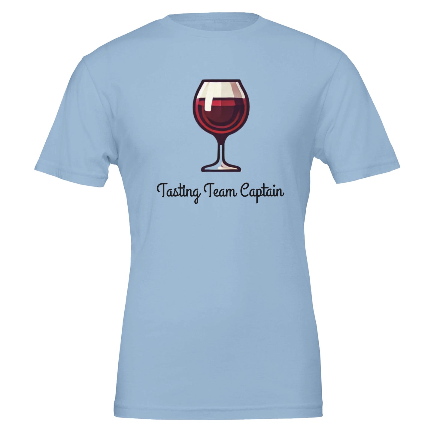 Blue T-shirt featuring a cartoon-style red wine glass with the phrase "Tasting Team Captain" in an elegant script font.