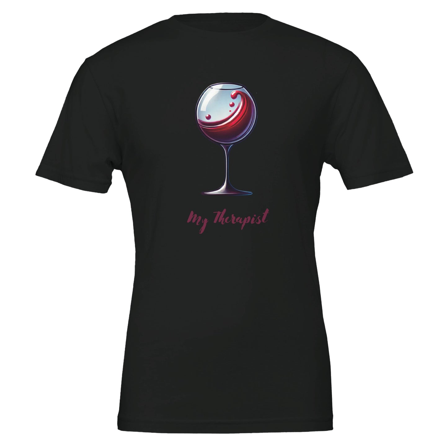 Vintage Black T-shirt featuring a stylized illustration of a wine glass with swirling red wine and the phrase "My Therapist" in an elegant, playful font.