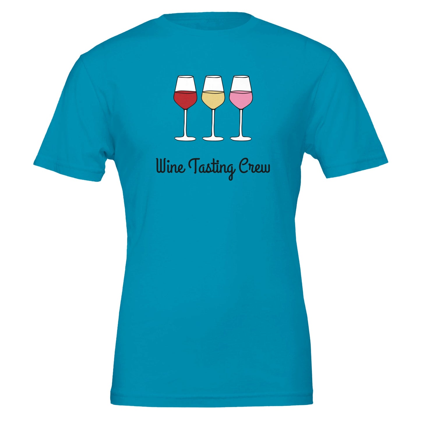 Teal T-shirt featuring four red wine glasses in a cartoon-style design with the phrase "Wine Tasting Crew" in elegant script.