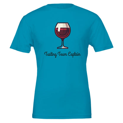 Teal T-shirt featuring a cartoon-style red wine glass with the phrase "Tasting Team Captain" in an elegant script font.