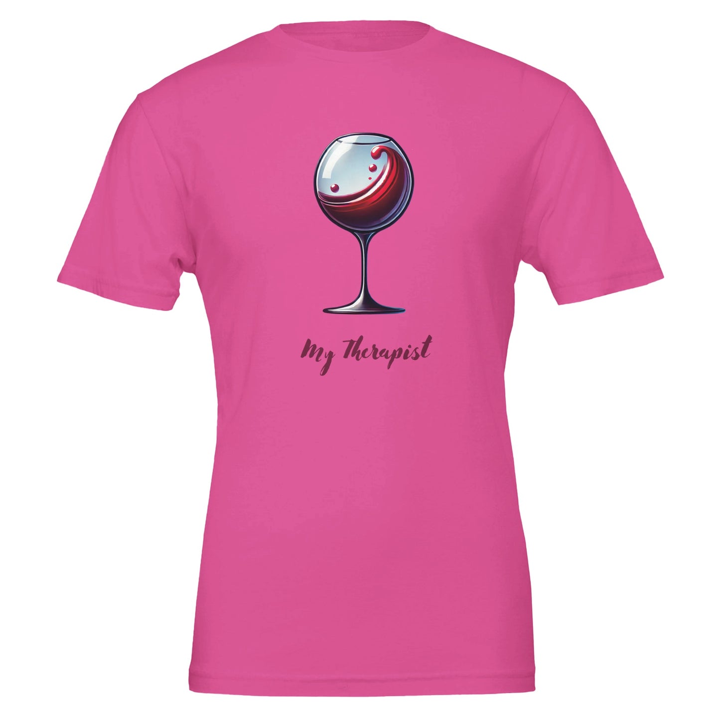 Pink T-shirt featuring a stylized illustration of a wine glass with swirling red wine and the phrase "My Therapist" in an elegant, playful font.