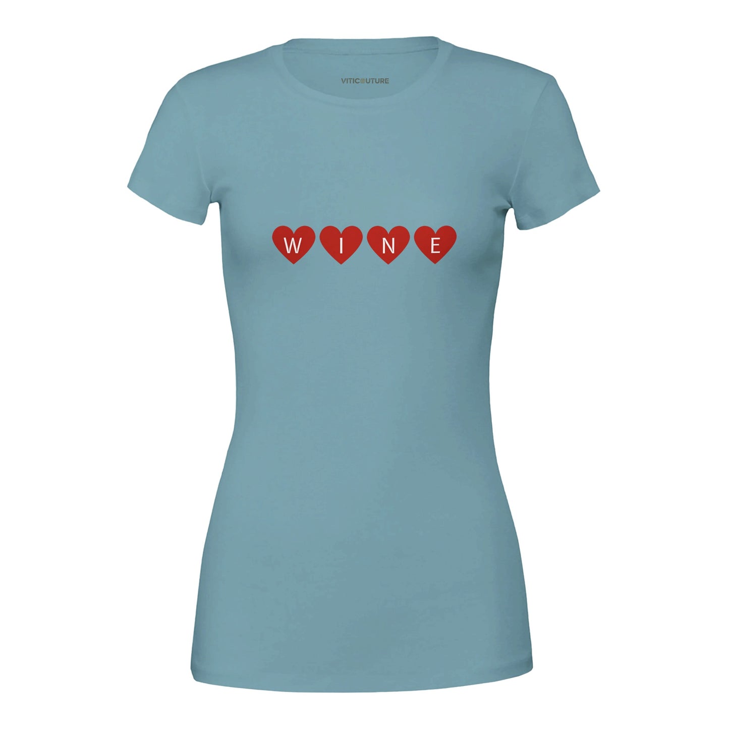 Teal t-shirt design featuring the word "WINE" spelled out with bold red hearts, combining simplicity and charm for wine lovers.