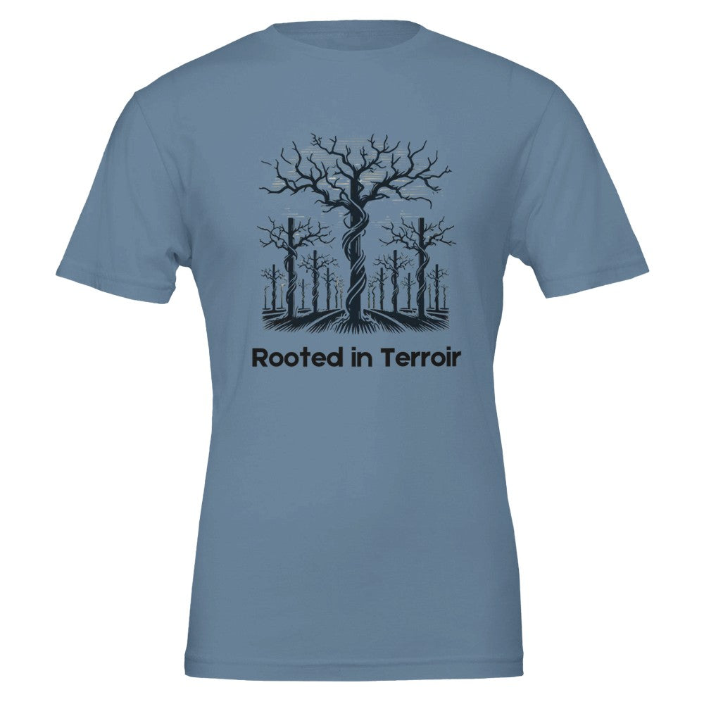 Blue T-shirt featuring a black silhouette of dormant grapevines with deep roots and the phrase "Rooted in Terroir", symbolizing the importance of soil and terroir in viticulture.