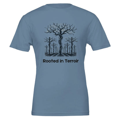 Blue T-shirt featuring a black silhouette of dormant grapevines with deep roots and the phrase "Rooted in Terroir", symbolizing the importance of soil and terroir in viticulture.