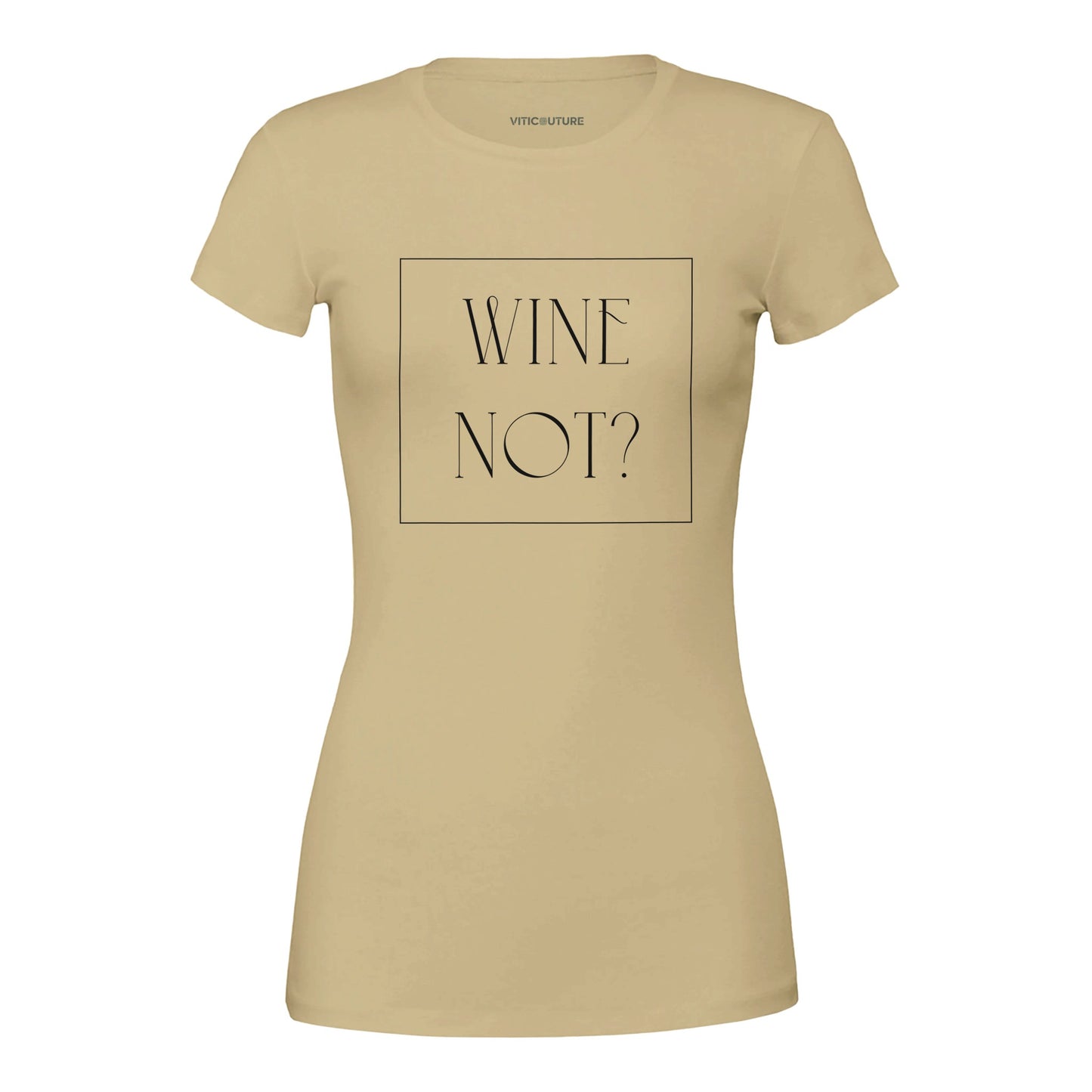 T-shirt with the phrase 'Wine Not?' in bold white lettering, perfect for wine lovers with a sense of humor.