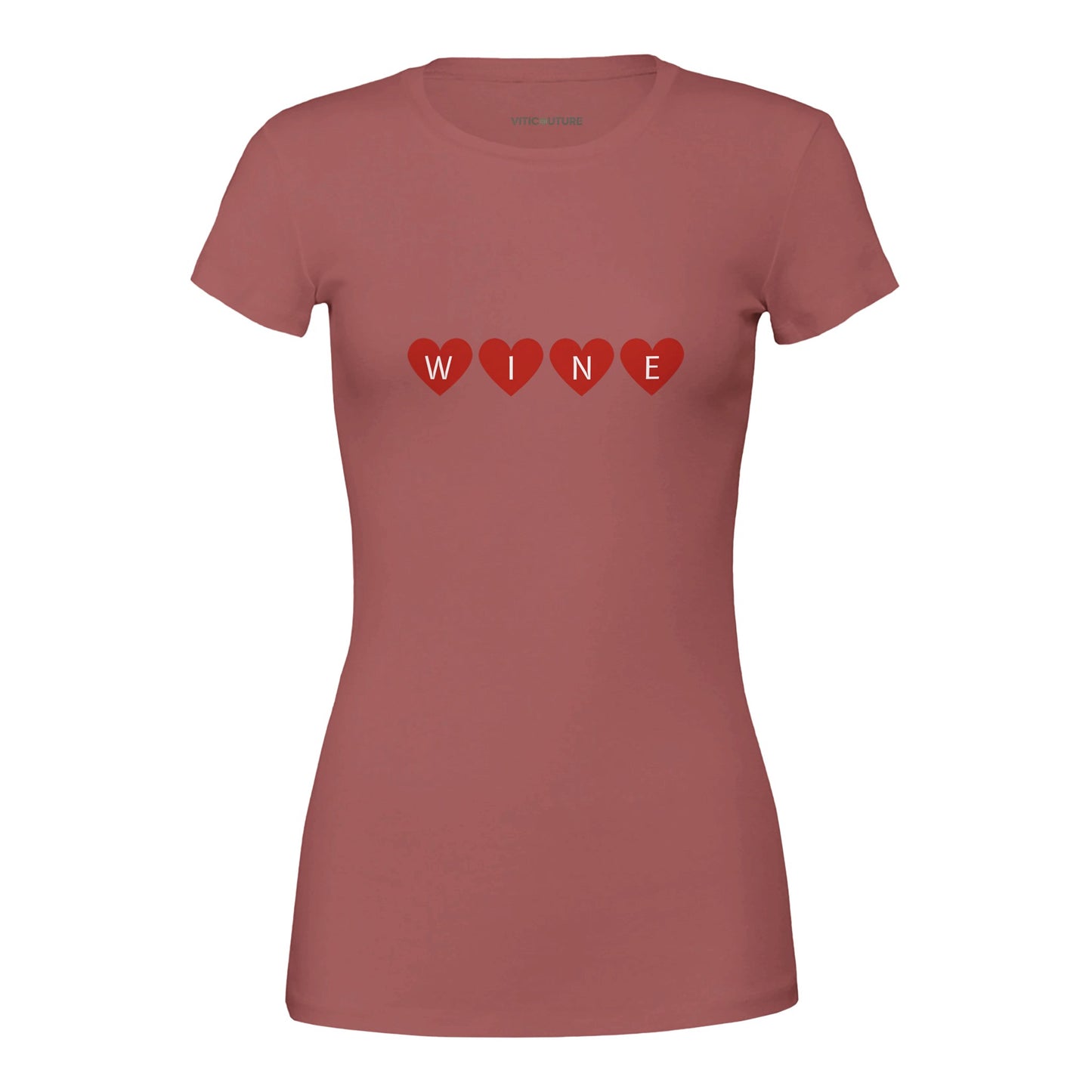 Mauve t-shirt design featuring the word "WINE" spelled out with bold red hearts, combining simplicity and charm for wine lovers.