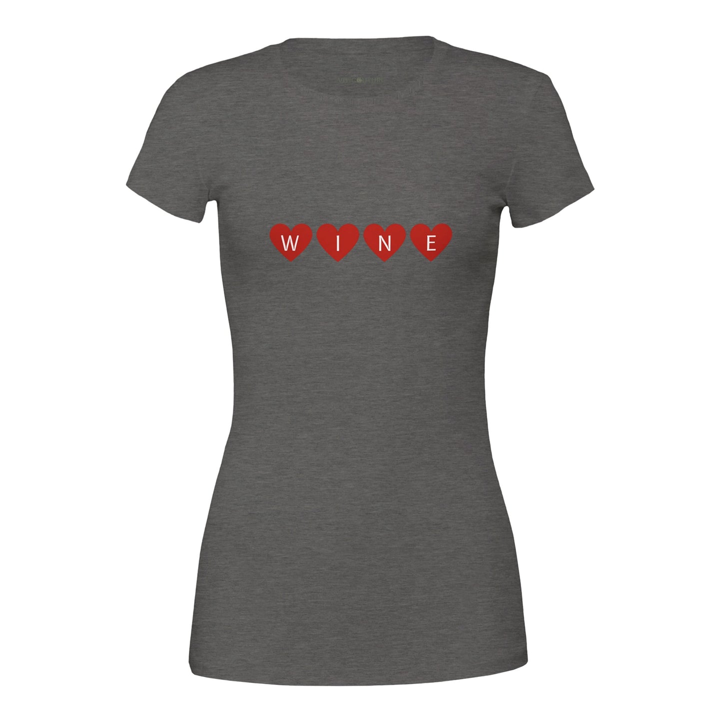 T-shirt design featuring the word "WINE" spelled out with bold red hearts, combining simplicity and charm for wine lovers.