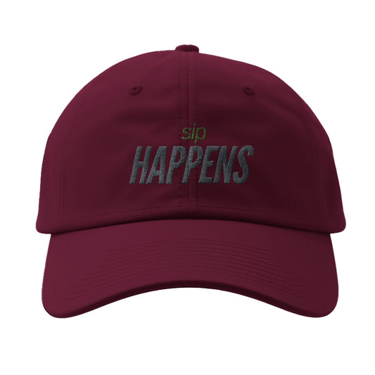 Maroon cap with the playful phrase 'Sip Happens' embroidered on the front, perfect for wine lovers and casual style.