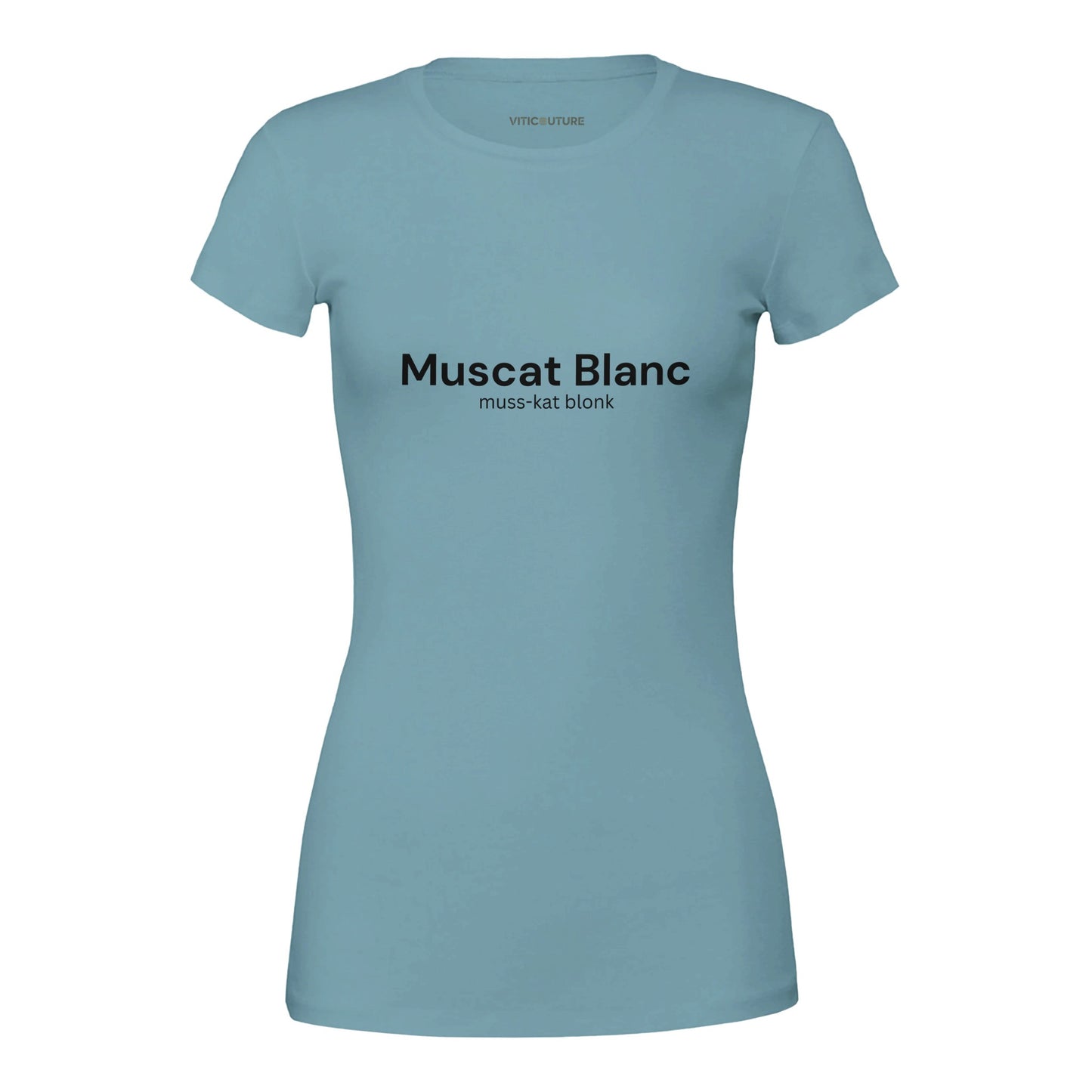 How to Pronounce Muscat Blanc T-shirt featuring a phonetic guide, perfect for wine enthusiasts, displayed on a soft, stylish shirt.