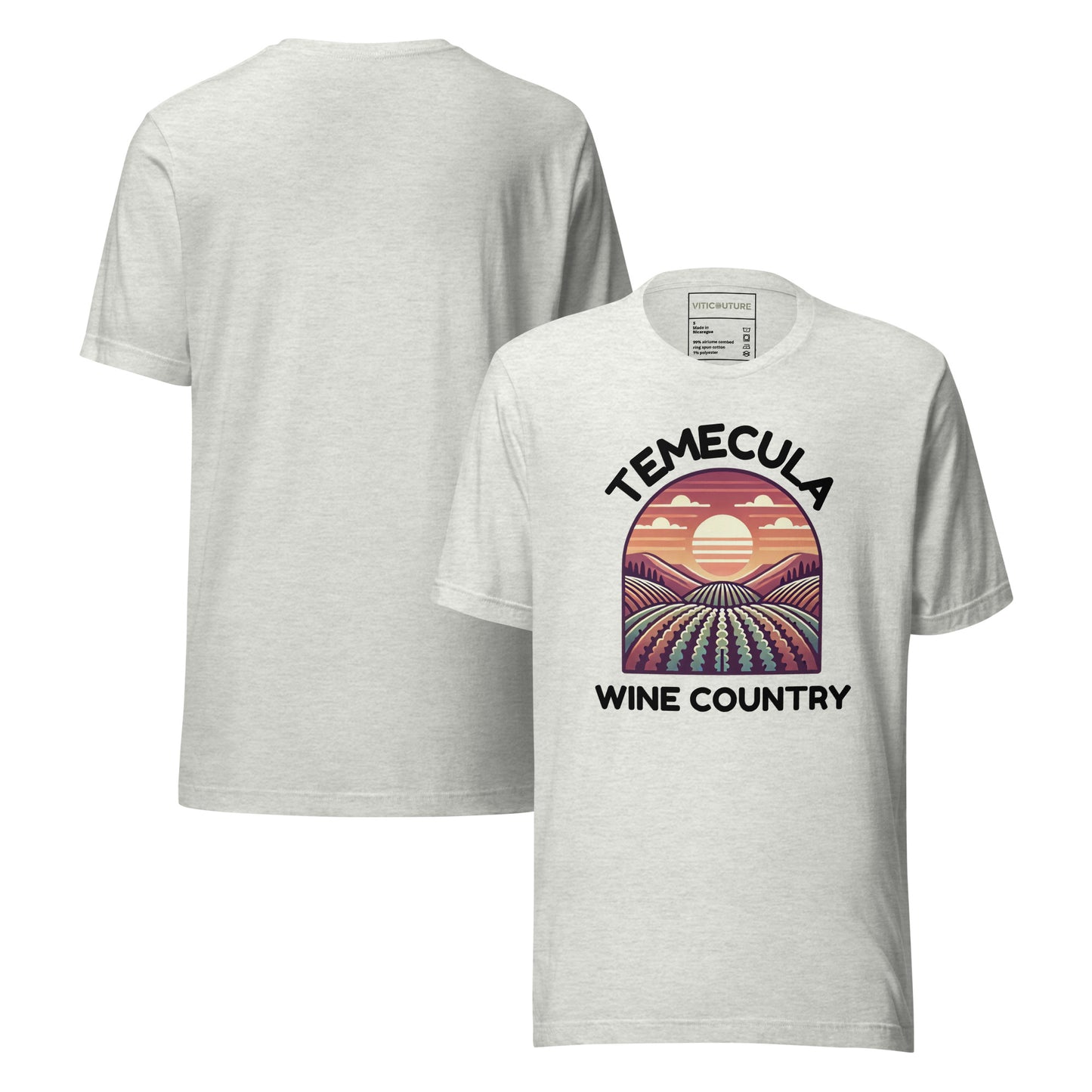 T-shirt featuring a colorful sunset vineyard design with 'Temecula Wine Country' text, celebrating the beauty of California's wine region.