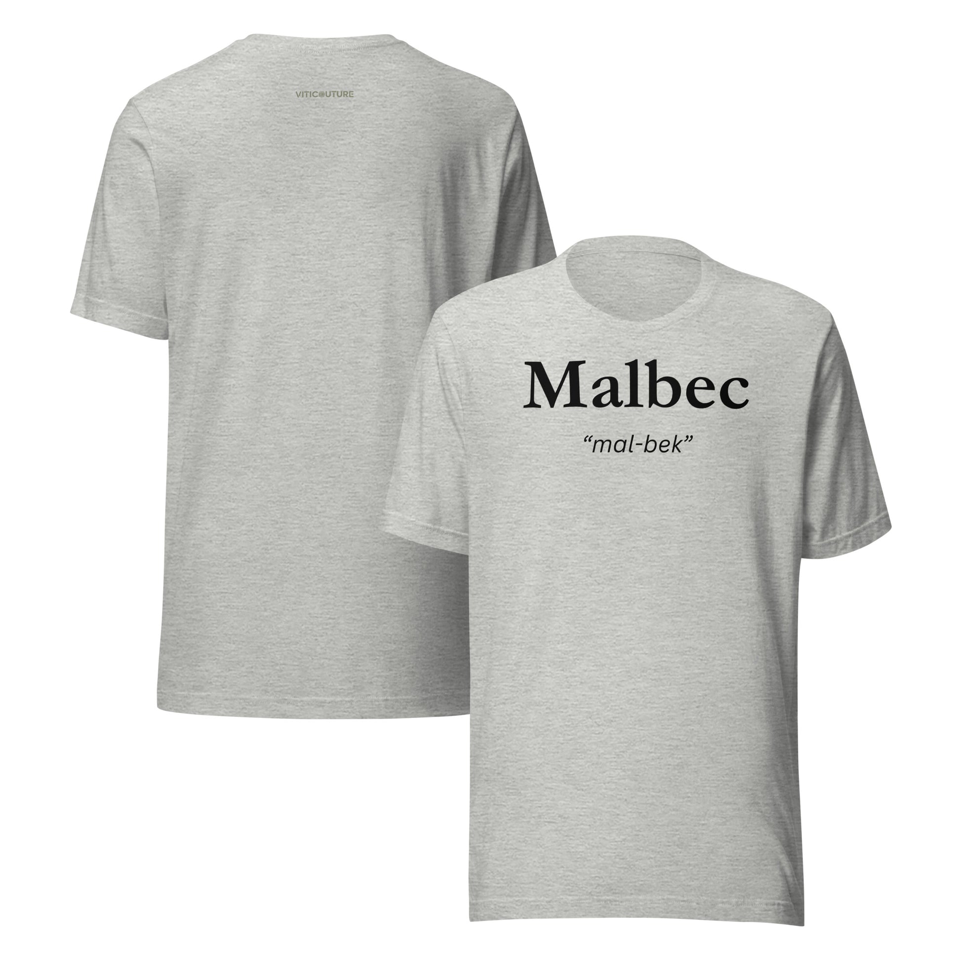 Malbec T-shirt with bold lettering and pronunciation “mal-bek”