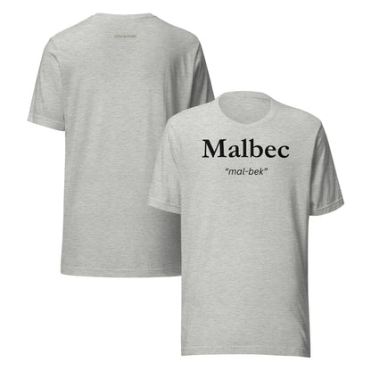 Malbec T-shirt with bold lettering and pronunciation “mal-bek”