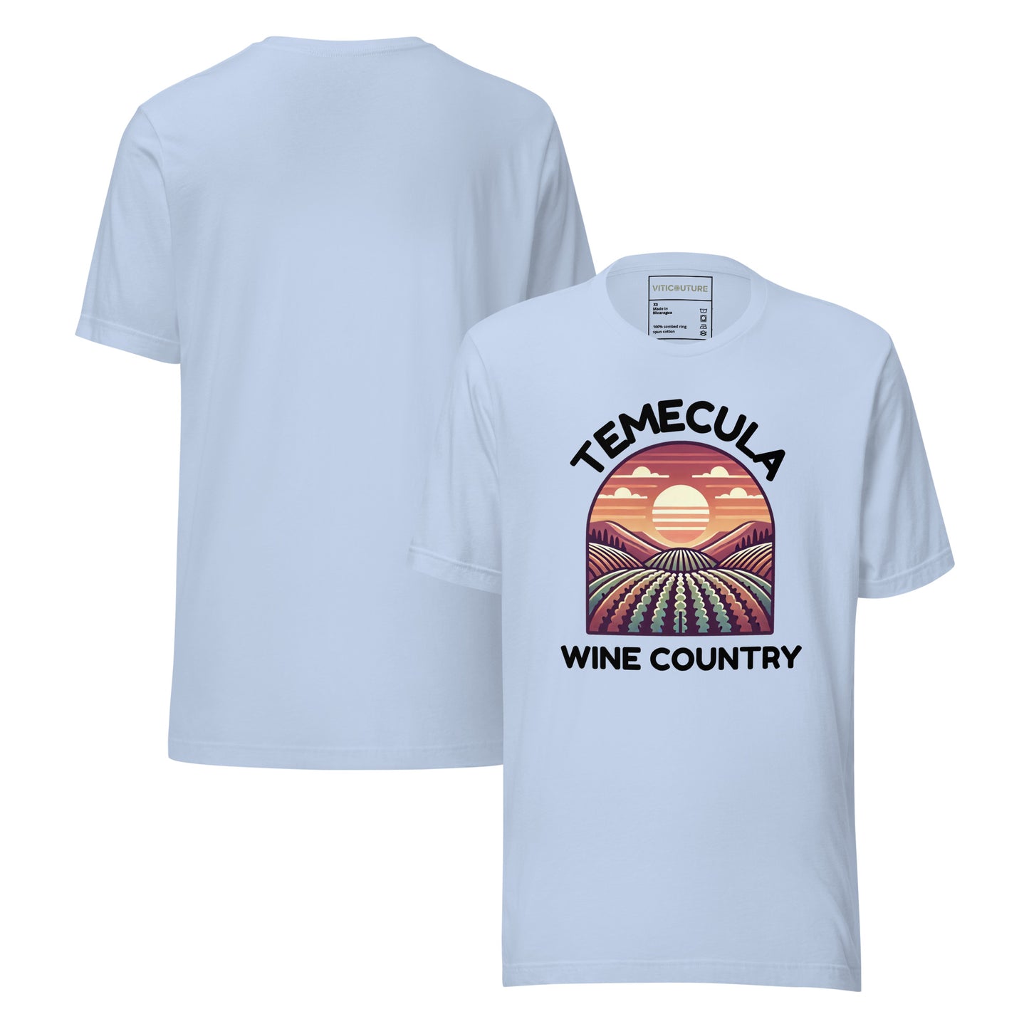 T-shirt featuring a colorful sunset vineyard design with 'Temecula Wine Country' text, celebrating the beauty of California's wine region.