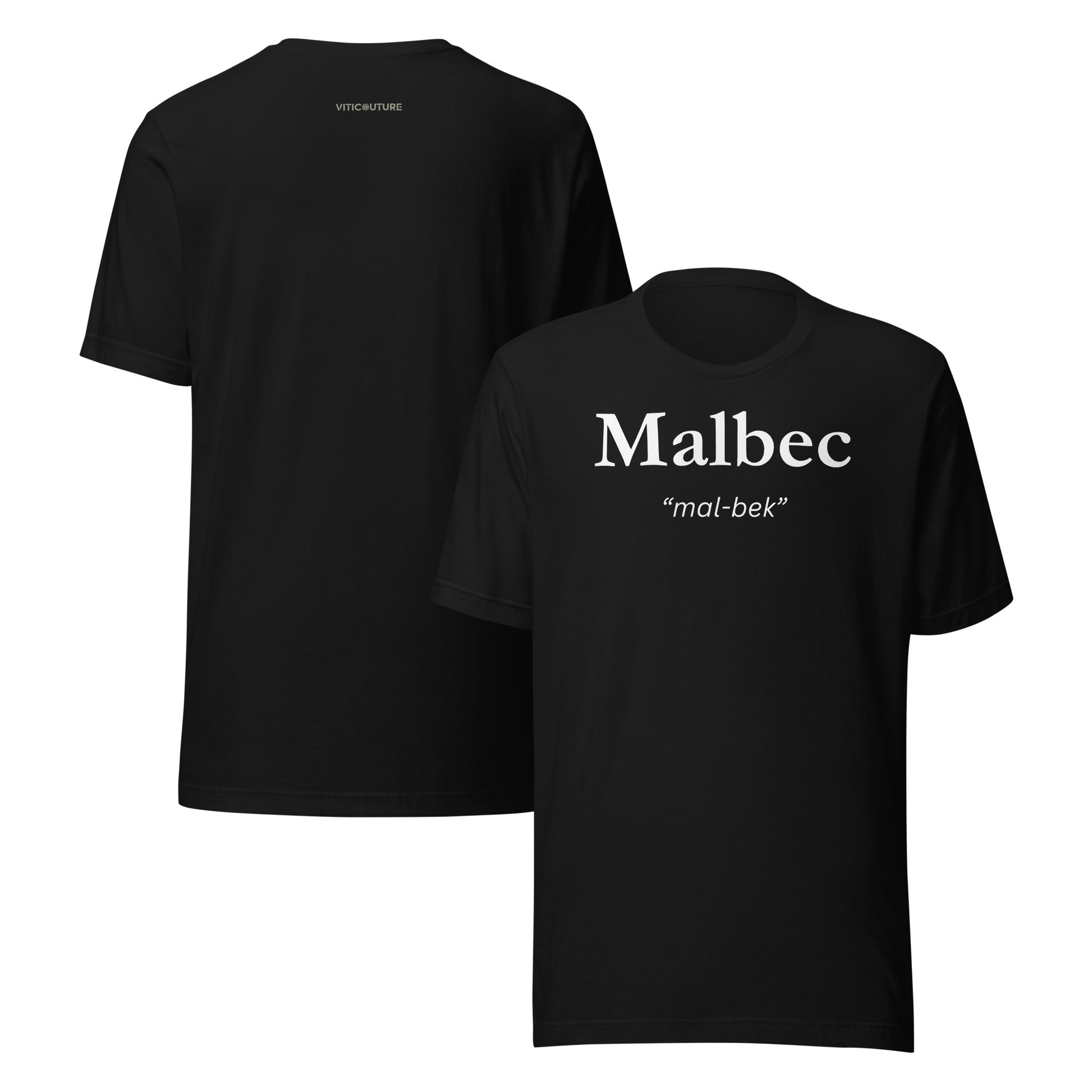 Malbec T-shirt with bold lettering and pronunciation “mal-bek”