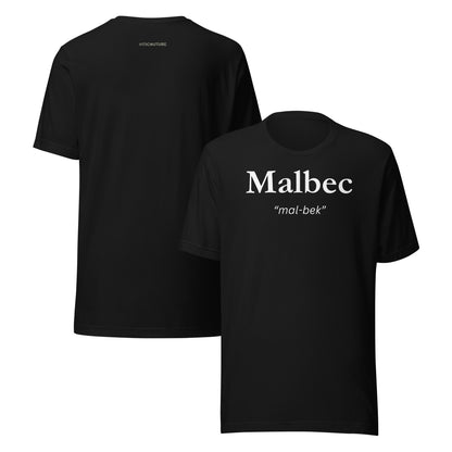 Malbec T-shirt with bold lettering and pronunciation “mal-bek”