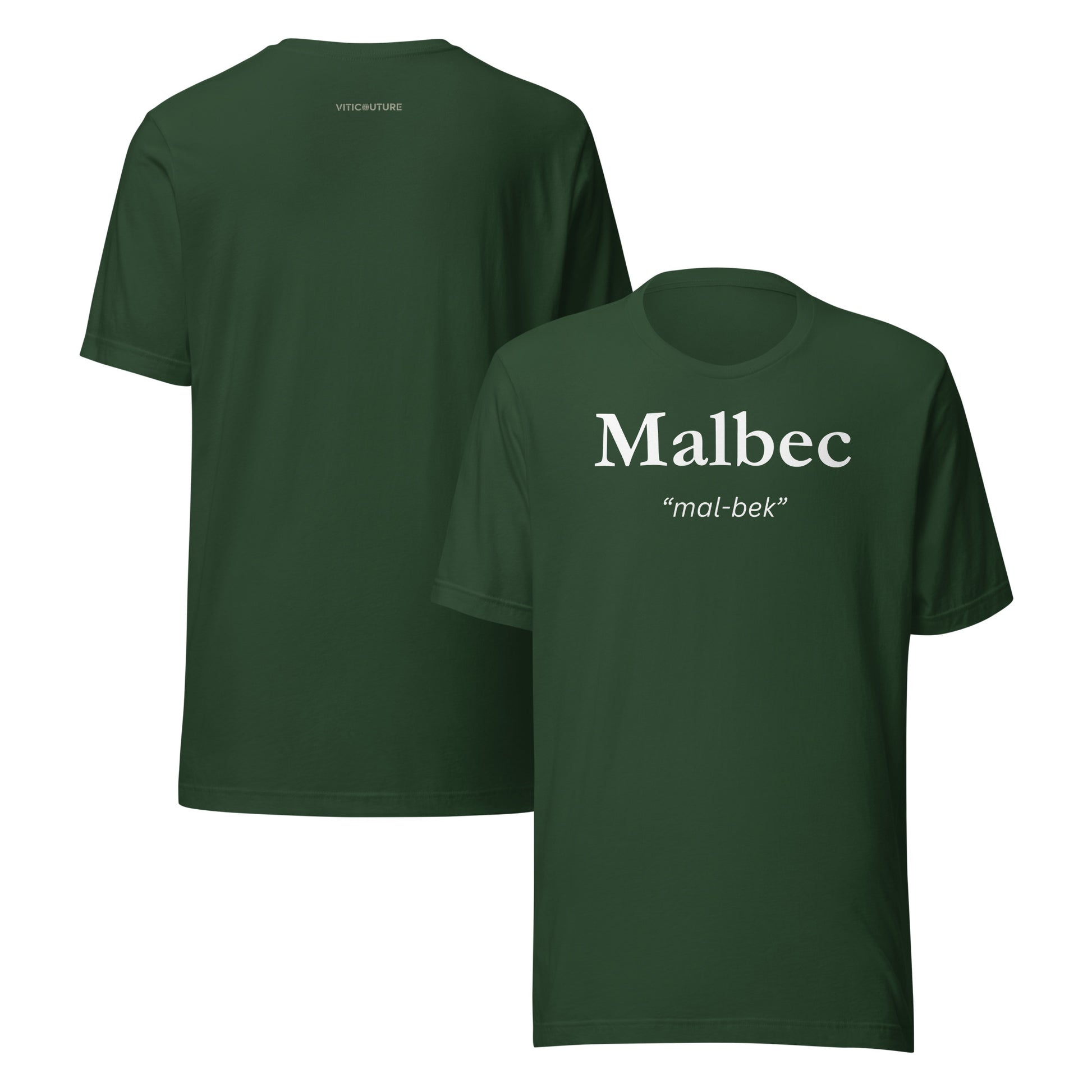 Malbec T-shirt with bold lettering and pronunciation “mal-bek”